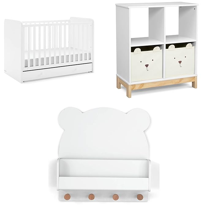Delta Children babyGap Graham 4-in-1 Convertible Crib with Storage Drawer + Brannan Bear Bookcase with Bins + Brannan Bear Wall Shelf with 4 Hooks, Bianca White (Bundle)