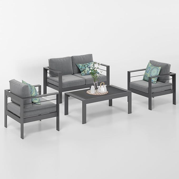 Solaste Outdoor Aluminum Furniture Set - 4 Pieces Patio Sectional Chat Sofa Conversation Set with Table,Grey