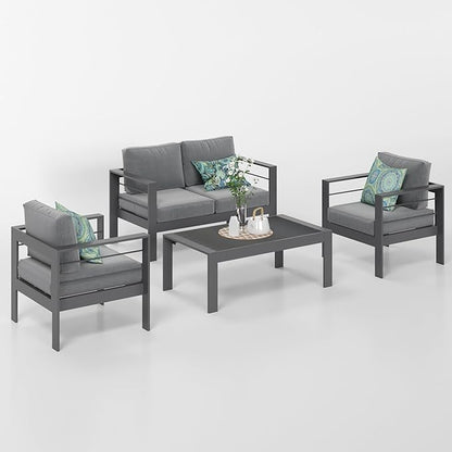 Solaste Outdoor Aluminum Furniture Set - 4 Pieces Patio Sectional Chat Sofa Conversation Set with Table,Grey
