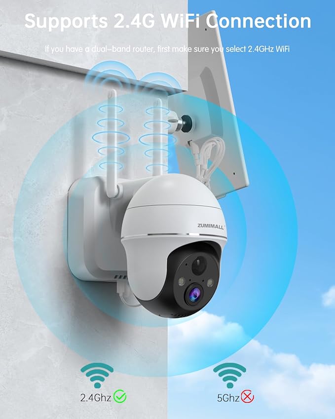 ZUMIMALL Solar Security Cameras Wireless Outdoor, 360° View Outdoor Camera Wireless Solar Powered,2.4G WiFi，2K/3MP Color Night Vision,2-Way Talk, PIR Motion Alert, Cloud Storage, Work with Alexa