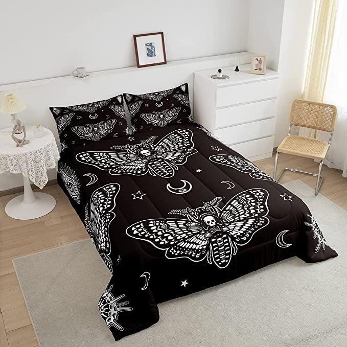 Feelyou Boys Boho Moth Comforter Set King Size Men Gothic Skull Bedding Set for Girls Women Bedroom Decor Bohemian Moon Star Comforter Personalized Moth Skull Skeleton Bones Duvet Set Teens Quilt Set