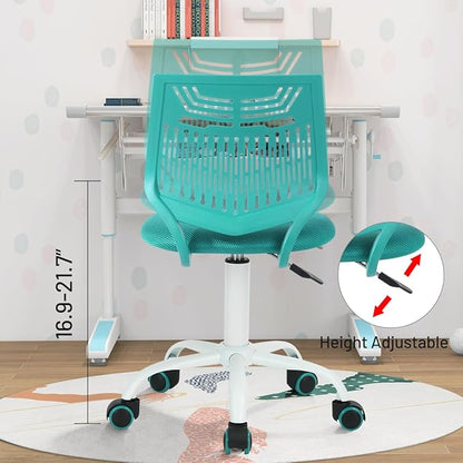 FurnitureR Desk Chair Armless Home Office Task Chair with Mesh Padded Cushion Swivel Study Chair with Rolling Wheels for Kids Teens Children, Turquoise