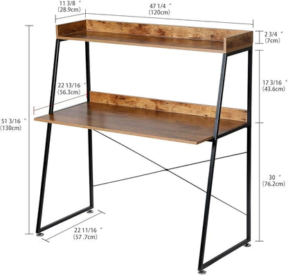 DESIGNA 48 Inch Ladder Desk with Storage Shelves, 2-Tier Home Office Students Study Writing PC Computer Gaming Table with Bookshelf Modern Workstation for Small Space Saving, Metal Frame, Rustic Brown