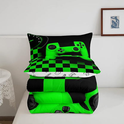 Gaming Comforter for Teen Boys Game Room Decor Bedding Set Kid Girls Gamepad Duvet Insert for All Season Gamer Home Decor Down Comforter Set with Black Green Buffalo Check Plaid Twin Size,1 Pillowcase