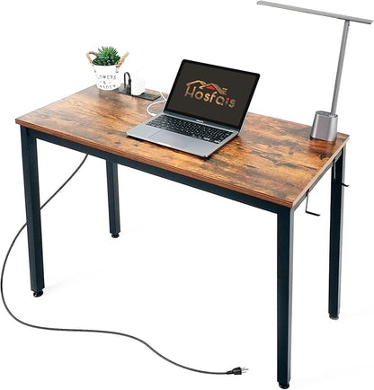 Computer Desk 40" with Power Strip, Office Writing Study, Small Computer Desks Easy Assembly Stable Metal Frame, Desk for Home Office Small Space Workbench Workstation, Rustic Brown