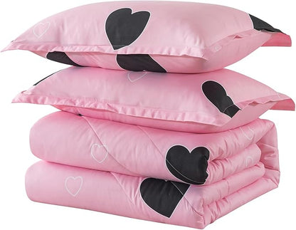 Love Pattern Girls Pink Comforter Set Full Size, Blush Pink Cute Love Heart Sexy Comforter Bedding Set for All Seasons, Geometric Microfiber 3 Pieces Comforter Set with Pillowcases