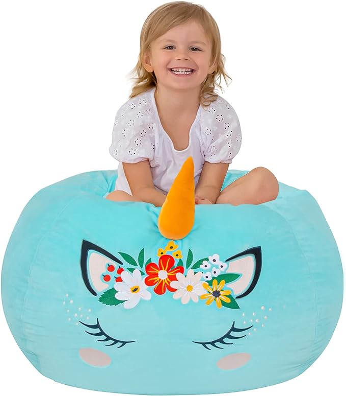 Aubliss Stuffed Animal Storage, Velvet Bean Bag Chairs Cover, X-Large 38" Ultra Soft Kids Toy Storage Organizer for Blankets Towels Clothes Toys, Cyan Floral