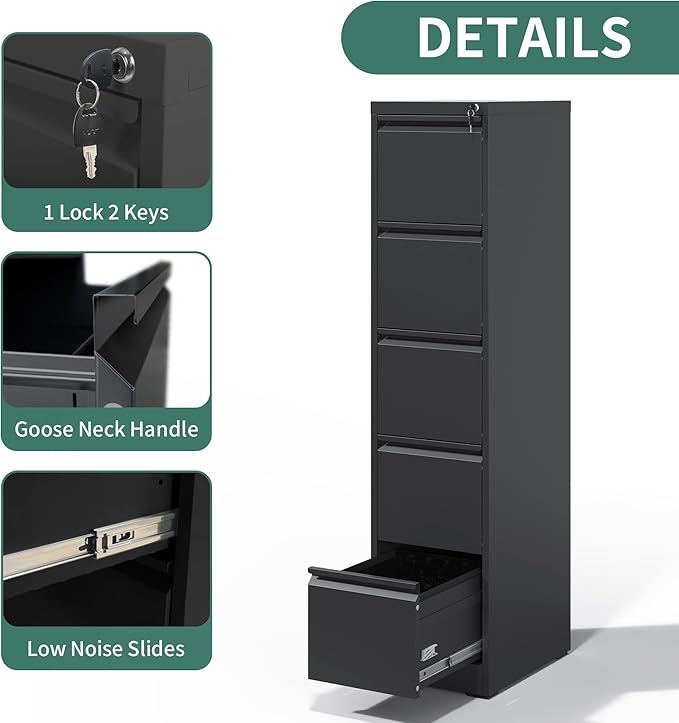 5 Drawer File Cabinet with Lock, Metal Vertical Filing Cabinets for Home Office, Steel Storage Cabinet for Hanging Legal/Letter Size Files, Assembly Required (Black)