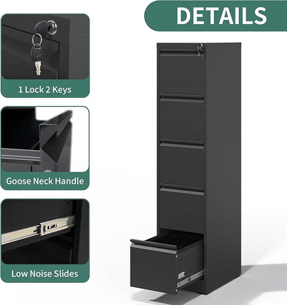 5 Drawer File Cabinet with Lock, Metal Vertical Filing Cabinets for Home Office, Steel Storage Cabinet for Hanging Legal/Letter Size Files, Assembly Required (Black)