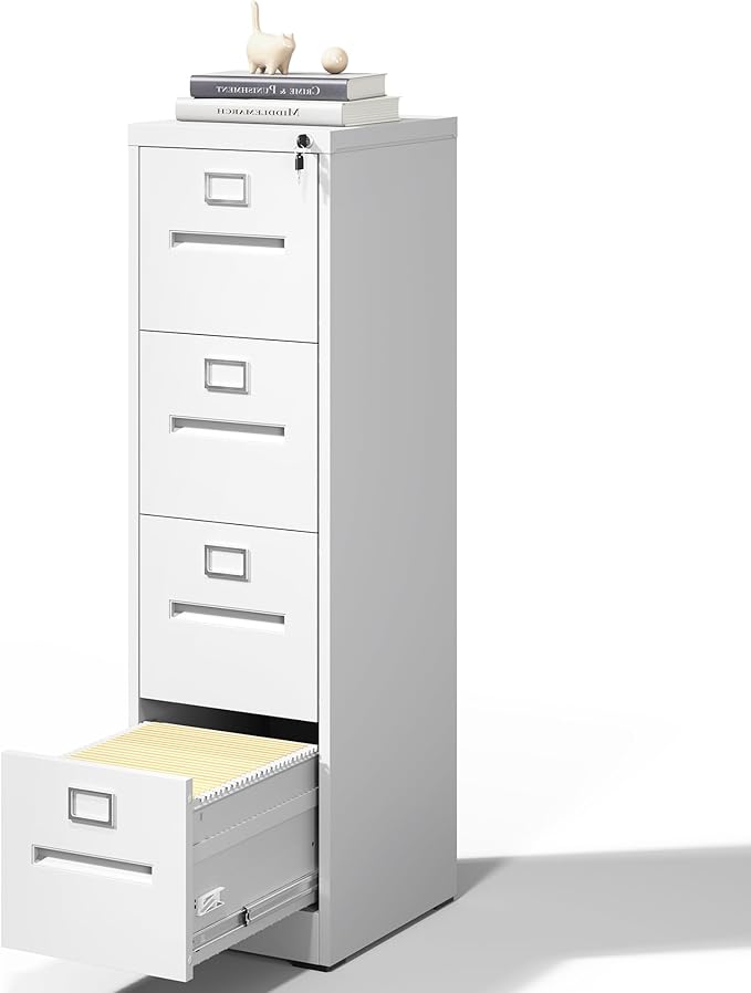 4 Drawer File Cabinet,Metal Filing Cabinets with Lock,White Vertical File Cabinet for Home Office,Heavy Duty Metal Storage Cabinet for A4/Letter/Legal Size File,Assembly Required