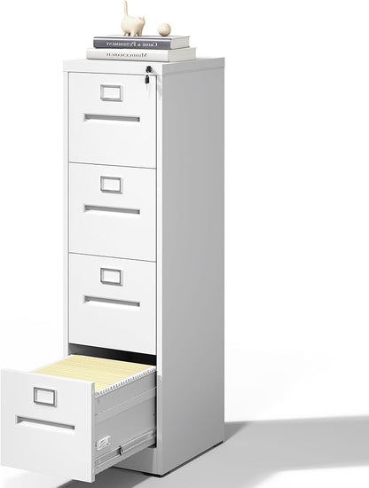 4 Drawer File Cabinet,Metal Filing Cabinets with Lock,White Vertical File Cabinet for Home Office,Heavy Duty Metal Storage Cabinet for A4/Letter/Legal Size File,Assembly Required