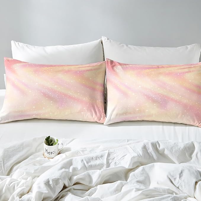 Erosebridal Girly Pastel Galaxy Bedding Comforter Sets King Size, Glitter Galaxy Bedding Tie Dye Gradient Sparkle Comforter Set for Boys Girls Teenagers Bedroom, Pink Yellow Ombre Duvet Insert, 3 Pcs