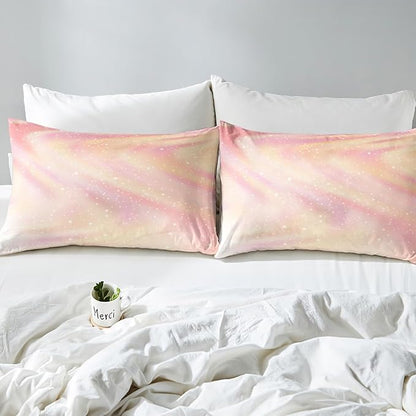 Erosebridal Girly Pastel Galaxy Bedding Comforter Sets King Size, Glitter Galaxy Bedding Tie Dye Gradient Sparkle Comforter Set for Boys Girls Teenagers Bedroom, Pink Yellow Ombre Duvet Insert, 3 Pcs