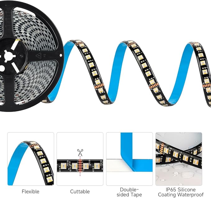 BTF-LIGHTING RGBCCT 5 Colors in 1 LED Tape Lights 5050SMD RGBWW RGB+Dimmable Color Temperature 2700K-6500K 16.4ft 96LED/m 480LED IP65 DC24V Black PCB for Home Decoration(No Adapter or Controller)