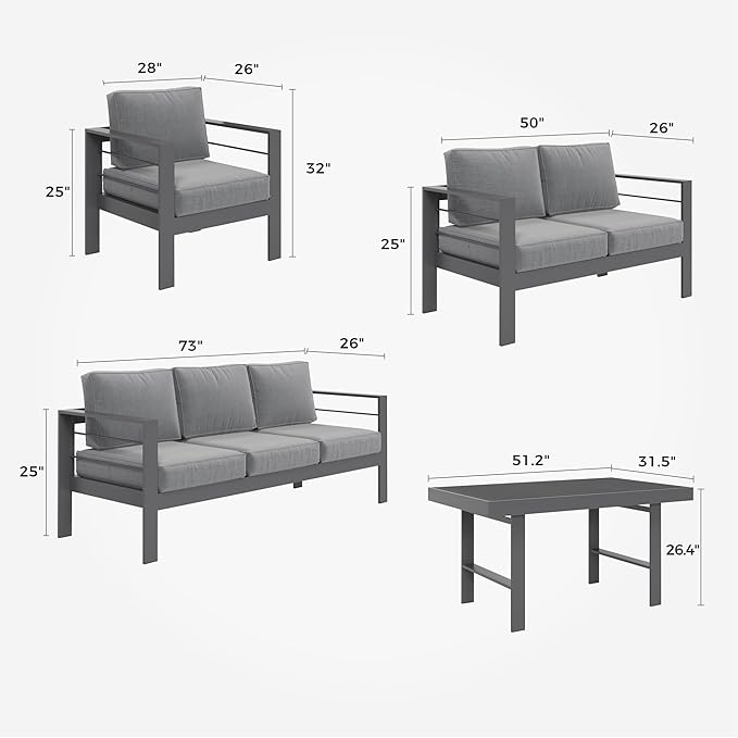 Solaste Aluminum Patio Furniture Set,5 Pieces Modern Outdoor Conversation Set Sectional Sofa with Upgrade Cushion and Dining Table, Grey