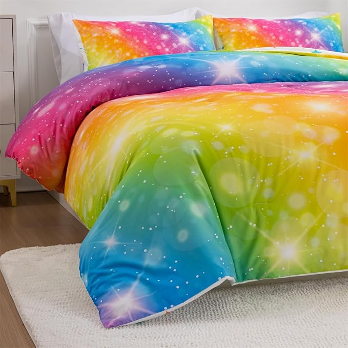 Holawakaka Girls Ombre Glitter Comforter Set, Twin Size Gradient Rainbow Galaxy Print Kids Bedding Sets, Multi-Color Ultra-Soft Dorm Bed Set (Multi-color,Twin)