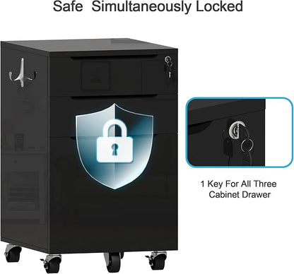 ChooChoo High Glossy File Cabinet with Lock,3 Drawer Rolling Filing Cabinet Fits Legal Size/A4/Letter, Under Desk File Cabinet with Hook for Home Office, Black