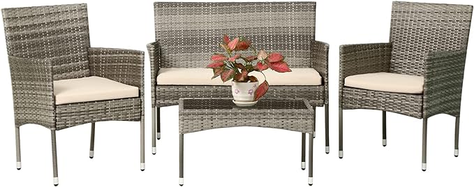 FDW Patio Conversation Set 4 Pieces Patio Furniture Set Wicker with Rattan Chair Loveseats Coffee Table for Outdoor Indoor Garden Backyard Porch Poolside Balcony,Gray Wicker/Khaki Cushions