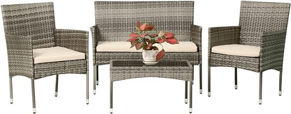 FDW Patio Conversation Set 4 Pieces Patio Furniture Set Wicker with Rattan Chair Loveseats Coffee Table for Outdoor Indoor Garden Backyard Porch Poolside Balcony,Gray Wicker/Khaki Cushions