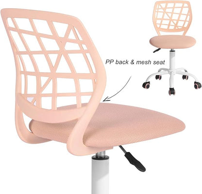 FurnitureR Desk Chair Armless Home Office Task Chair with Mesh Padded Cushion Swivel Study Chair with Rolling Wheels for Teens Child Kids Girls，Pink Plica