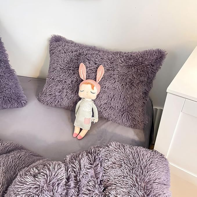 Faux Fur Kid Girls Purple Comforter Sets Twin/Full - 3PC Bed Set Warm Comfortable Soft Plush Flannel Velvet Fluffy Fuzzy Bedding（Comforter x 1 Pillowcases x 2）