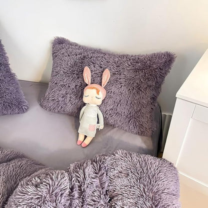 Faux Fur Kid Girls Purple Comforter Sets Twin/Full - 3PC Bed Set Warm Comfortable Soft Plush Flannel Velvet Fluffy Fuzzy Bedding（Comforter x 1 Pillowcases x 2）