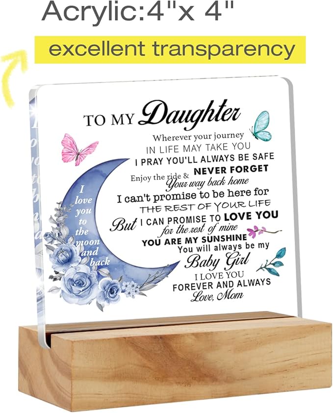 Daughter Gift From Mom, to My Daughter Wherever Your Journey in Life Desk Decor Moon Acrylic Desk Plaque Sign with Wood Stand Home Office Table Desk Sign Keepsake