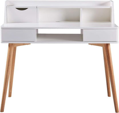 Teamson Home Creativo Writing Study Computer Desk with Solid Wood Legs, Storage Drawers and Open Shelves Hutch for Home Office Living Room Reading Bedroom, 37 inch Height, White