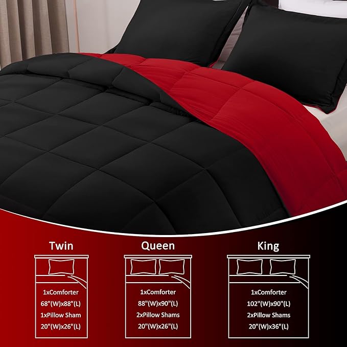 Basic Beyond Twin Comforter Set for Girls and Boys - Fluffy Twin Bed Comforter Set for All Seasons - Reversible Kids Twin Comforter Set - 2 Pieces (1 Comforter + 1 Pillow Sham) - Red/Black