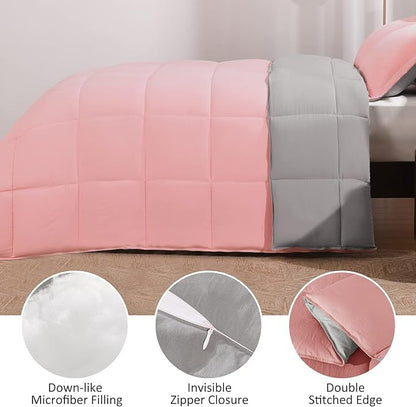 Basic Beyond King Size Comforter Set - Fluffy King Bed Comforter Set for All Seasons - Reversible Pink and Grey Comforter Set King - 3 Pieces (1 Comforter + 2 Pillow Shams)
