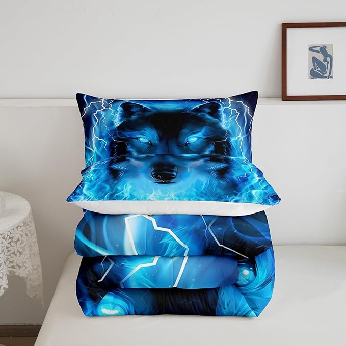 Feelyou Wolf Bedding Set Safari Animal Pattern Comforter Cool Wildlife Style Comforter Set for Boys Girls Kids Room Decor Glitter Blue Wild Wolf Lightweight Duvet Set Queen Size with 2 Pillow Case