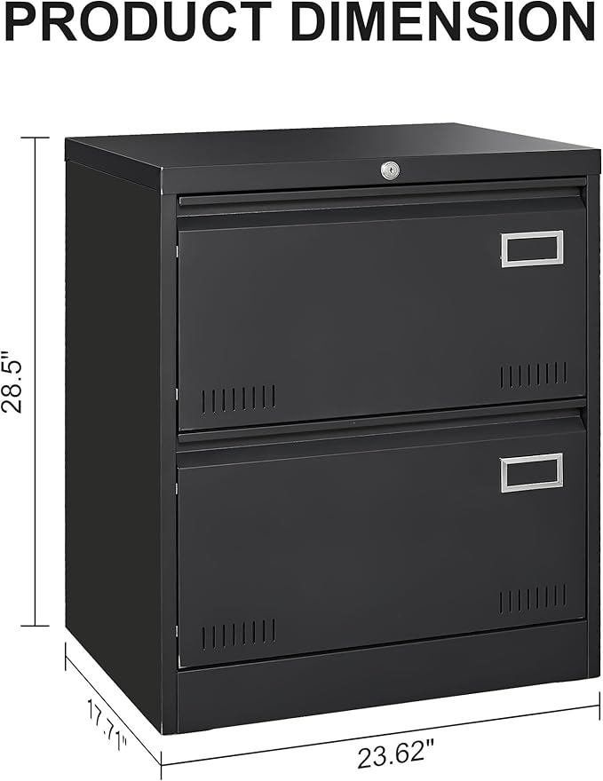 2 Drawer Lateral Lock and Card Holder, Multifunctional Metal Filing Cabinets w/Heavy 3 Section Slide Rail & Breathable Holes,for Legal/Letter/A4,Black