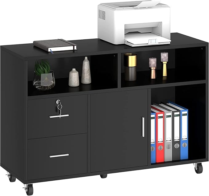 YITAHOME Wood File Cabinet, 2 Drawer Mobile Lateral Storage Cabinet Printer Stand with Lock and Open Storage Shelves for Home Office, Black,Drawers without Hanging Bars