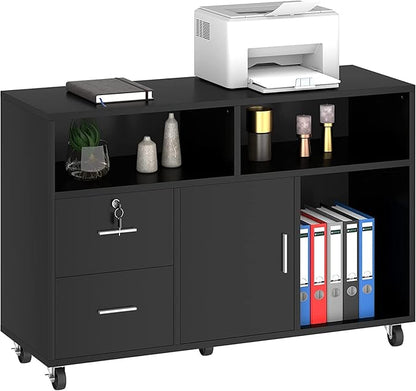 YITAHOME Wood File Cabinet, 2 Drawer Mobile Lateral Storage Cabinet Printer Stand with Lock and Open Storage Shelves for Home Office, Black,Drawers without Hanging Bars