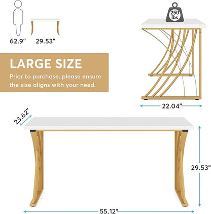 55’’ Large Modern Computer Desk, White & Gold Luxury Laptop PC Student Table, Makeup Vanity Table with Thick Frame & Strong Legs, Sturdy Writing Workstation for Home & Office