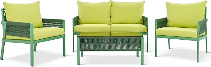 4-Piece Patio Conversation Furniture Set, Rope Weave Outdoor Loveseat Sofa with 2 Armchairs, Thick Cushion&Tempered Glass Table, for Garden Backyard, Onesize, Fluorescent Yellow+Green