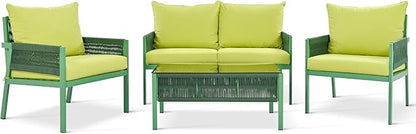 4-Piece Patio Conversation Furniture Set, Rope Weave Outdoor Loveseat Sofa with 2 Armchairs, Thick Cushion&Tempered Glass Table, for Garden Backyard, Onesize, Fluorescent Yellow+Green