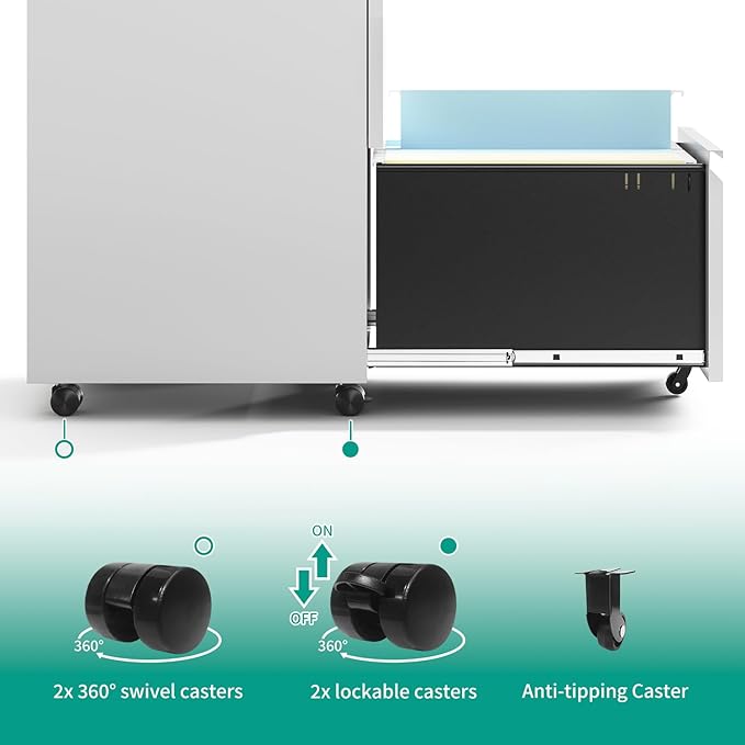 2 Drawer Mobile File Cabinet with Lock,Under Desk Metal Filing Cabinet for Home Office, Metal Small Rolling File Cabinet with 2 Keys for Legal/Letter/A4 Size Fully Assembled Except Wheels (White)