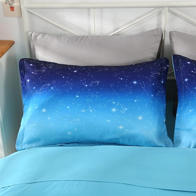 Wowelife Glitter Bedding Set Full Size 5 Pieces Galaxy Comforter Set Blue 3D Galaxy Kids Comforter Sets Lightweight with Comforter, Flat Sheet, Fitted Sheet and 2 Pillowcases