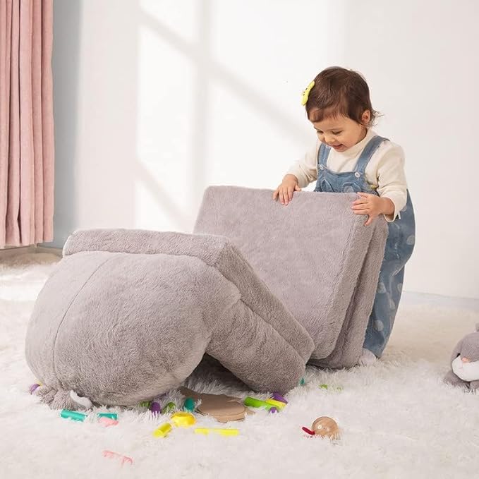 Kids Couch Fold Out Soft Toddler Chairs,Toddler Armrest Chair Bed for Play,Gift for 0-3 Years,Grey Bunny