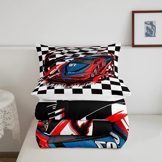 Red Race Car Bedding Set Twin Size Cool Racing Car Comforter Set Competition Extreme Sports Game Down Comforter For Kids Boys Girls Teens Bedroom Decor Plaid Pattern Duvet Insert With 1 Pillowcase
