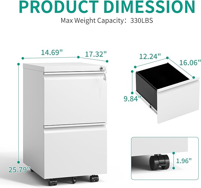 2 Drawer Mobile File Cabinet with Lock,Under Desk Metal Filing Cabinet for Home Office, Metal Small Rolling File Cabinet with 2 Keys for Legal/Letter/A4 Size Fully Assembled Except Wheels (White)