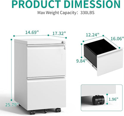 2 Drawer Mobile File Cabinet with Lock,Under Desk Metal Filing Cabinet for Home Office, Metal Small Rolling File Cabinet with 2 Keys for Legal/Letter/A4 Size Fully Assembled Except Wheels (White)