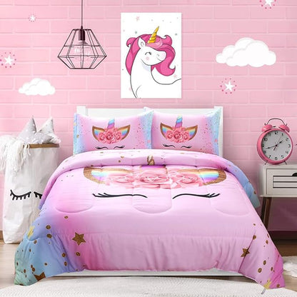 Unicorn Comforter Set Rainbow Soft Girls Unicorn Bedding with 1 Comforter 2 Pillowcases Pink Flower Unicorn Bedding Sets for Girls Twin Size