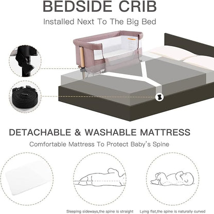 Baby Crib,3 in 1 Baby Bassinet Bedside Crib Adjustable Portable Bed for Infant,Baby Newborn Must Have Bed,Khaki