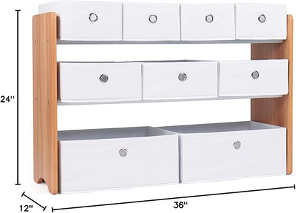 Humble Crew Kids Toy Organizer with 9 Collapsible Fabric Storage, Natural Wood and White Bins