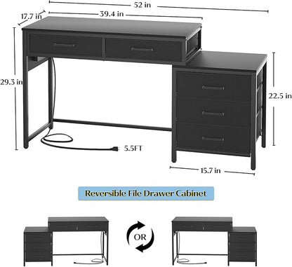 Computer Desk with 5 Drawers, Reversible Office Desk with Power Outlets and USB Charging Ports, Sturdy Writing Table with File Cabinet and Printer Stand, Laptop Desk for Small Spaces, Black