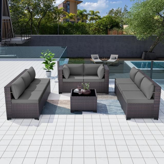 Patio Furniture Set 9-Piece Outdoor Furniture for Backyard Wicker Sectional Sofa Set, Rattan Patio Conversation Set with Thickened Cushions and Glass Coffee Table, Grey