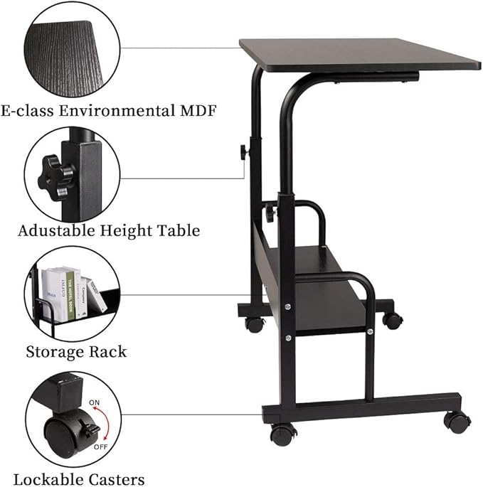 SIDUCAL Computer Cart, Portable Laptop Desk Laptop Cart, Portable Desk with Wheels, Rolling Desk Adjustable Height, Rolling Laptop Stand, Rolling TV Tray, Couch Desk Bed Desk for Laptop, 31.5'' Black