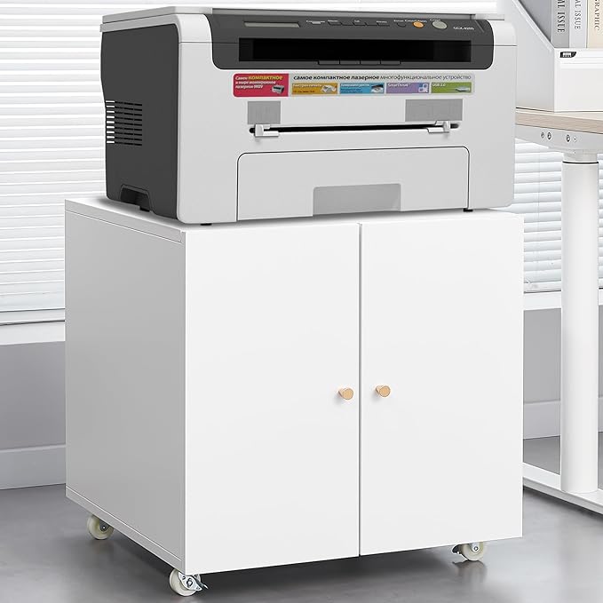 23.62" Metal Office Copier 2 Door and 360 ° Universal Wheel,Mobile Lateral Filing Cabinets w/Aluminum Alloy Handle,Rolling Printer Stand for Legal/Letter/A4,White